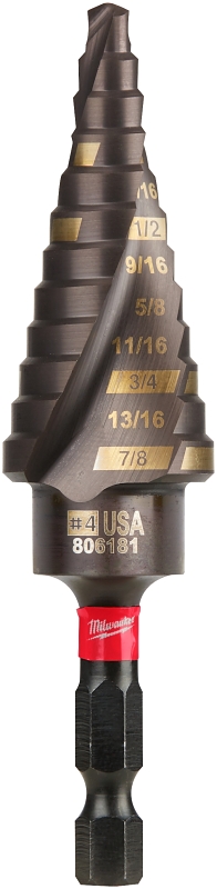 Milwaukee SHOCKWAVE Impact Duty 48-89-9244 Step Drill Bit, 3/16 to 7/8 in Dia, Spiral Flute, 2-Flute, Hex Shank