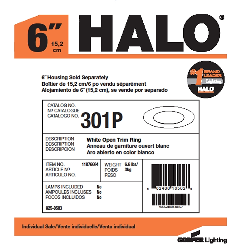 Halo 301P Open Recessed Trim, 7-1/4 in Dia Recessed Can, White