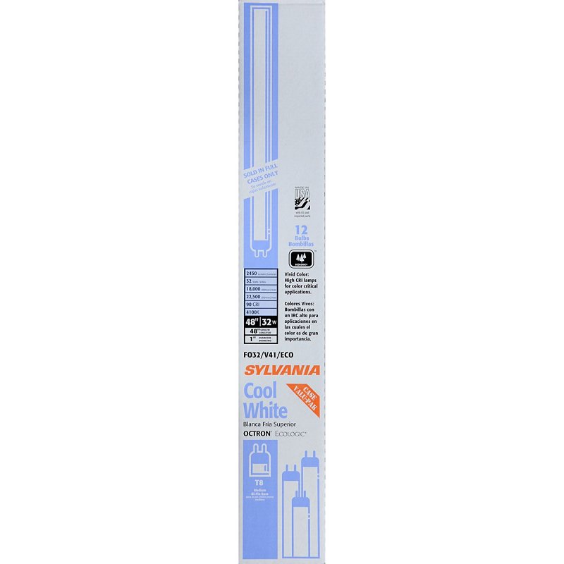 Sylvania OCTRON Series 22433 Fluorescent Bulb, 32 W, T8 Lamp, Medium Bi-Pin Lamp Base, 2450 Lumens