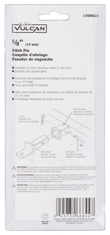 Vulcan HP-58 Hitch Pin, 5/8 in Dia Pin, 5 in OAL, Steel, Zinc