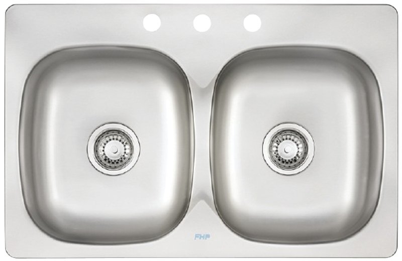 Franke PDL2031/3 Kitchen Sink, 3-Faucet Hole, 31-1/4 in OAW, 20-1/2 in OAD, 7 in OAH, Stainless Steel, Top, 2-Bowl