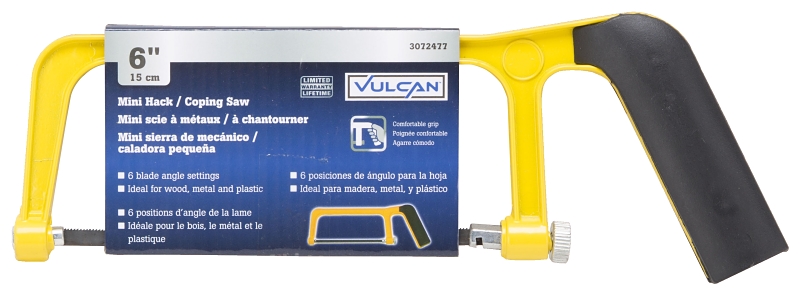 Vulcan JL52063 Mini Hacksaw, 6 in L Blade, 24 TPI, Steel Blade, 2-1/4 in D Throat, Steel Frame, Comfort Grip Handle
