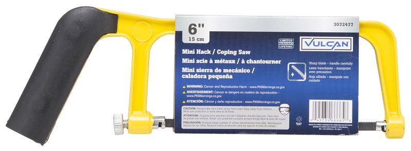 Vulcan JL52063 Mini Hacksaw, 6 in L Blade, 24 TPI, Steel Blade, 2-1/4 in D Throat, Steel Frame, Comfort Grip Handle