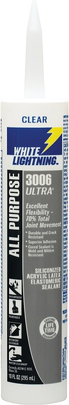 White Lightning W11001010 Siliconized Acrylic Latex Sealant, Clear, 5 to 7 days Curing, -30 to 180 deg F, 10 fl-oz