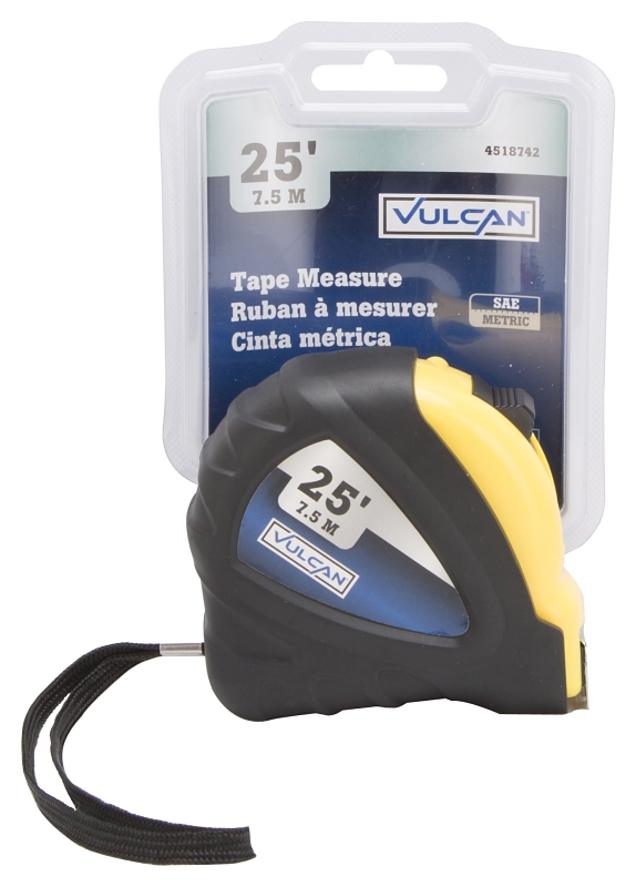 Vulcan C21-7.5X25 Measuring Tape, 25 ft L Blade, 1 in W Blade, Steel Blade, ABS Plastic Case, Yellow Case