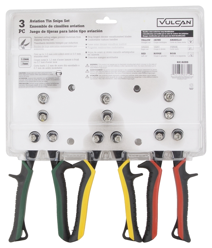Vulcan JL-TS3PCS Aviation Snip Set, 10-1/8 in OAL, Left/Right/Straight Cut, Chrome Vanadium Steel Blade