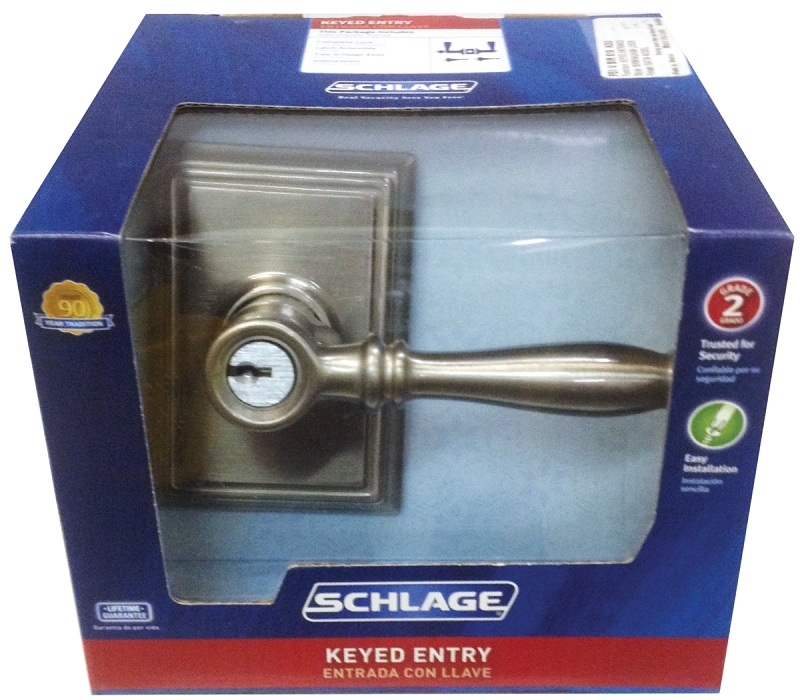 Schlage Birmingham Series F51A VBIR619ADD Entry Lever, Mechanical Lock, Satin Nickel, Metal, Residential, 2 Grade