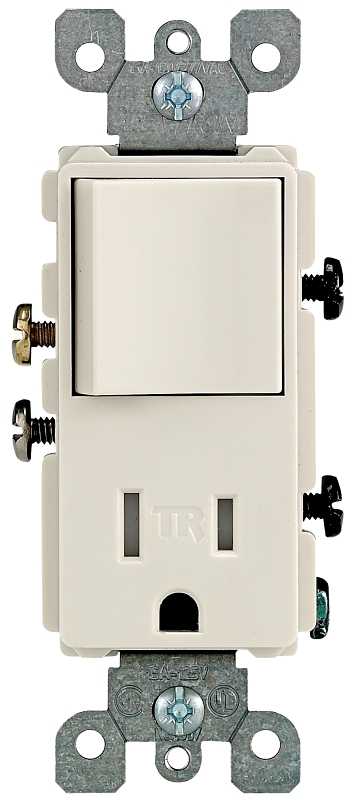Leviton R67-T5625-0TS Combination Outlet Switch, 1 -Pole, 15 A, 125 V, NEMA: NEMA 5-15R, Almond