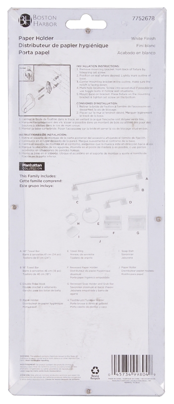 Boston Harbor L3656-51-07-3L Paper Holder, Plastic/Zinc, White, Wall Mounting