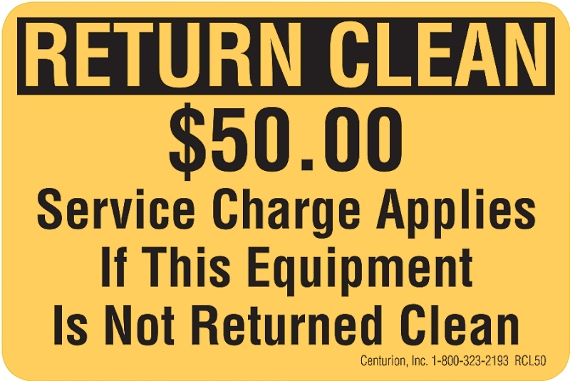 Centurion RCL50 Rental Equipment Decal, RETURN CLEAN, Vinyl