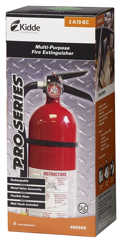 Kidde 466559 Fire Extinguisher, 4 lb Capacity, Monoammonium Phosphate, 2-A:10-B:C, Class A, Class B, Class C Class