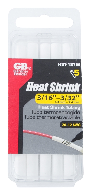 GB HST-187W Heat Shrink Tubing, 3/16 in Expanded, 3/32 in Recovered Dia, 4 in L, Polyolefin, White