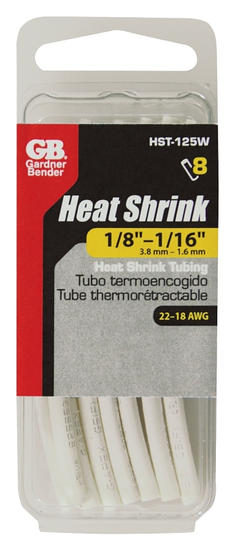 GB HST-125W Heat Shrink Tubing, 1/8 in Expanded, 1/16 in Recovered Dia, 4 in L, Polyolefin, White