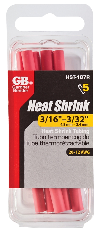 GB HST-187R Heat Shrink Tubing, 3/16 in Expanded, 3/32 in Recovered Dia, 4 in L, Polyolefin, Red