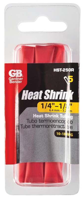 GB HST-250R Heat Shrink Tubing, 1/4 in Expanded, 1/8 in Recovered Dia, 4 in L, Polyolefin, Red