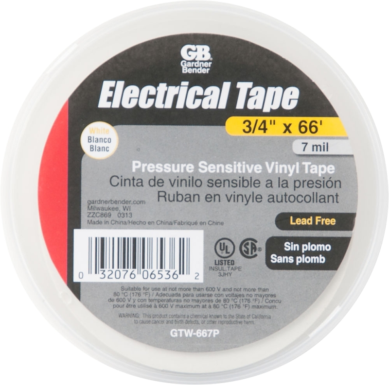 GB GTW-667P Electrical Tape, 66 ft L, 3/4 in W, PVC Backing, White