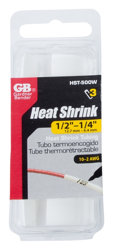 GB HST-500W Heat Shrink Tubing, 1/2 in Dia, 4 in L, Polyolefin, White
