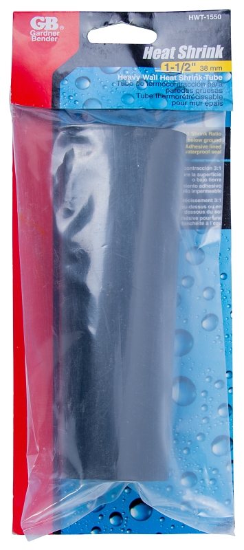 GB HWT-1550 Heat Shrink Tubing, 1-1/2 in Pre-Shrink, 1/2 in Post-Shrink Dia, 6 in L, Polyolefin, Black