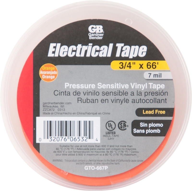 GB GTO-667P Electrical Tape, 66 ft L, 3/4 in W, PVC Backing, Orange
