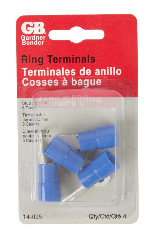 GB 14-095 Ring Terminal, 600 V, 6 AWG Wire, 1/4 in Stud, Vinyl Insulation, Blue