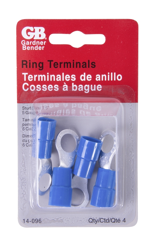 GB 14-096 Ring Terminal, 600 V, 6 AWG Wire, 3/8 in Stud, Vinyl Insulation, Blue