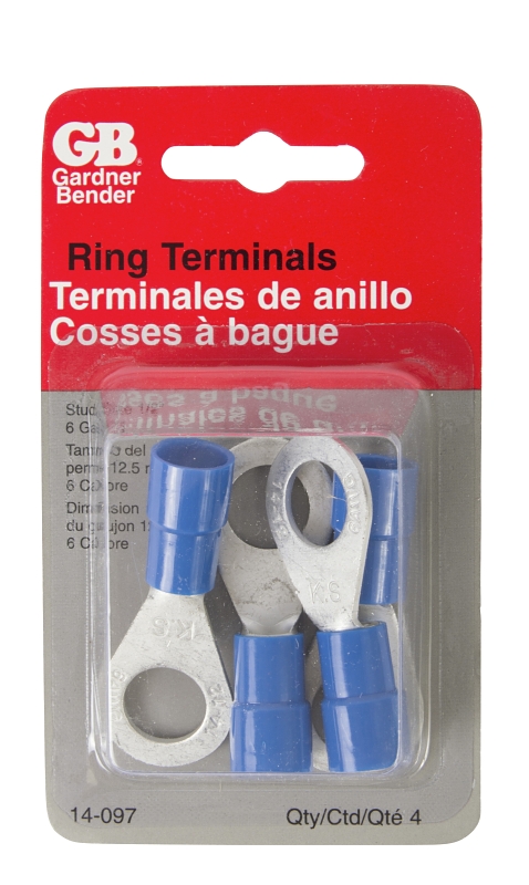 GB 14-097 Ring Terminal, 600 V, 6 AWG Wire, 1/2 in Stud, Vinyl Insulation, Blue