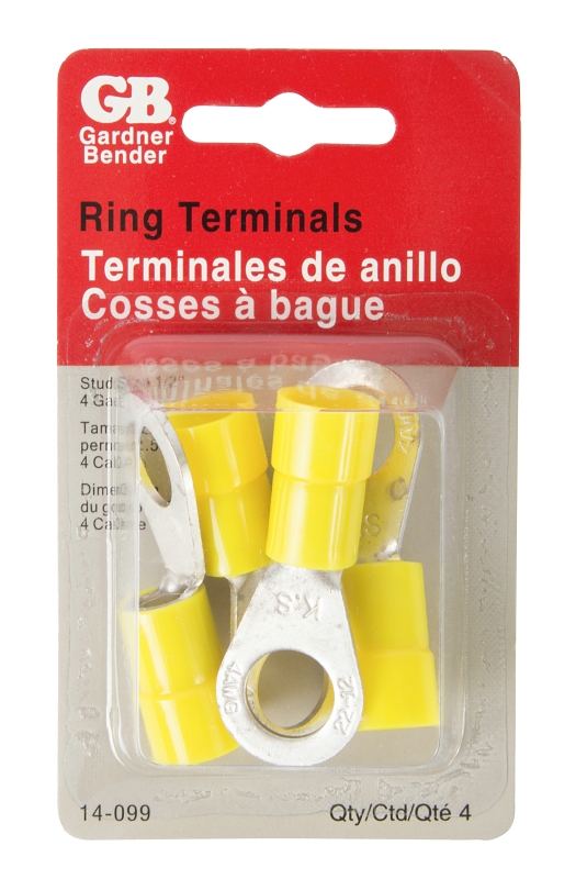 GB 14-099 Ring Terminal, 600 V, 4 AWG Wire, 1/2 in Stud, Vinyl Insulation, Yellow