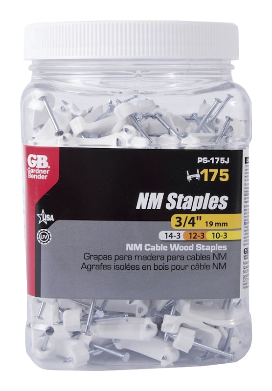 Gardner Bender PS-175J Cable Staple, 3/4 in L Leg, 0.39 in W Crown, Polyethylene, White