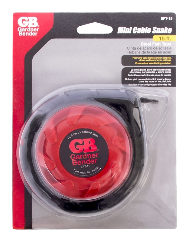 GB Mini Cable Snake Series EFT-15 Fish Tape, 0.025 in Tape, 15 ft L Tape, Steel Tape, Red Case