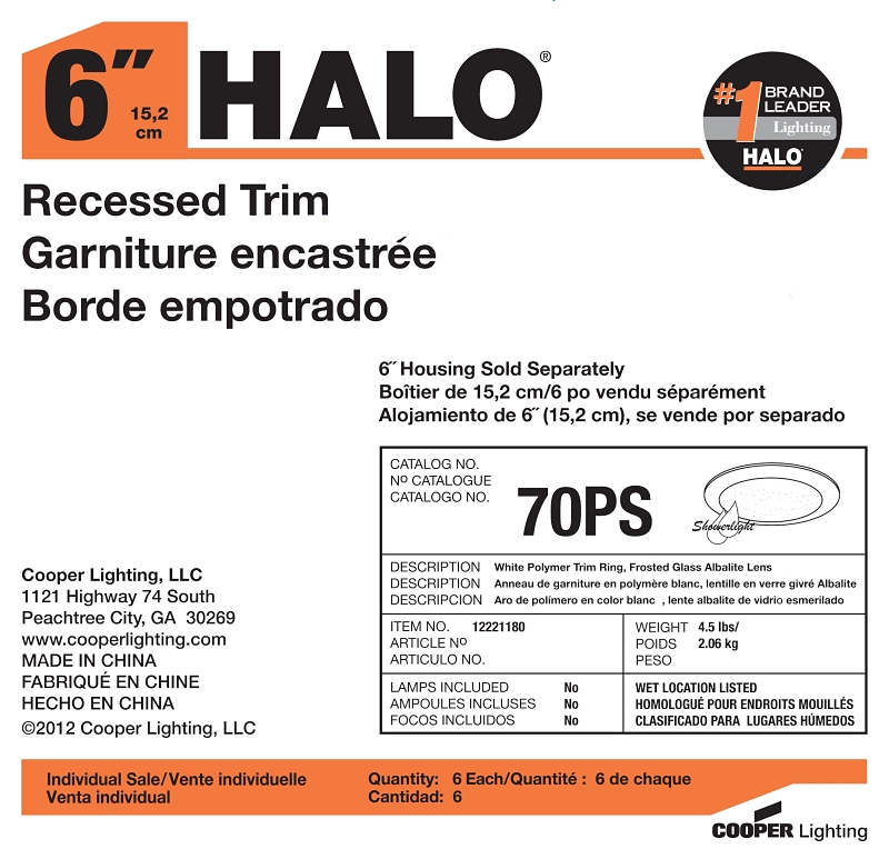Halo 70PS Recessed Lighting Trim, 6 in Dia Recessed Can, Glass Lens, Polymer Body, White