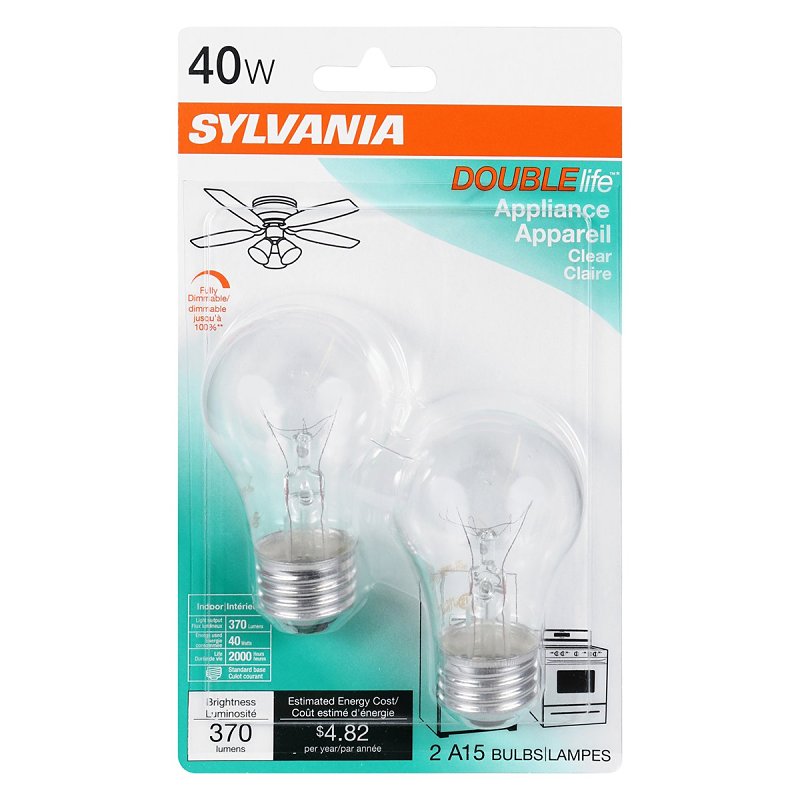 Sylvania DOUBLE LIFE Series 10061 Incandescent Bulb, 40 W, A15 Lamp, Medium Lamp Base, 350 Lumens, 2000 hr Average Life