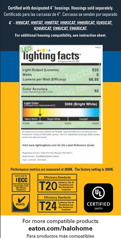 Halo RL4 Series RL4069BLE40AWHR Downlight, 8 W, 120 to 277 V, LED Lamp, Aluminum, Matte White Baffle