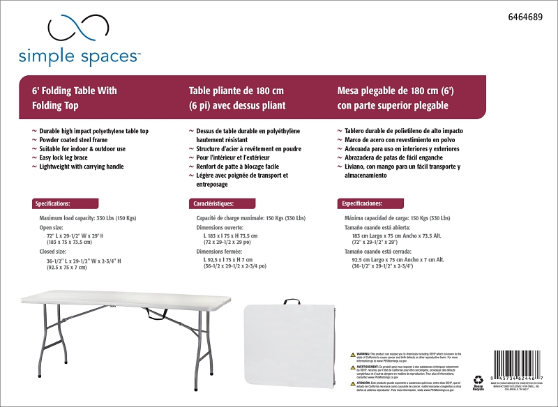 Simple Spaces TBL-072 Fold-in-Half Table, 6 ft OAW, 29-1/2 in OAD, 29 ft OAH, Steel Frame, Polypropylene Tabletop