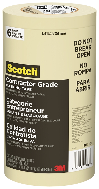Scotch 2020-36A-CP Masking Tape, 60 yd L, 1.41 in W, Crepe Paper Backing, Beige