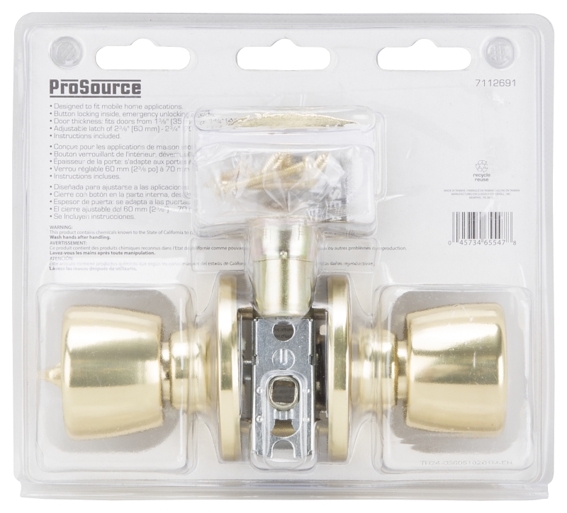 ProSource T-5764PB-BK Privacy Lockset, Brass, Polished Brass