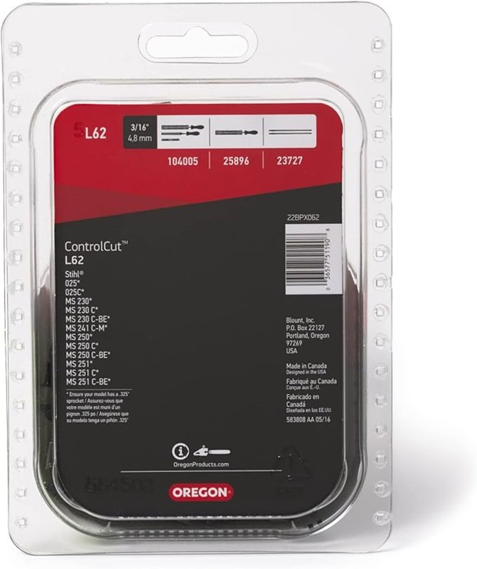 Oregon ControlCut L62 Chainsaw Chain, 22BPX Chain, 16 in L Bar, 0.325 in TPI/Pitch, 62-Link