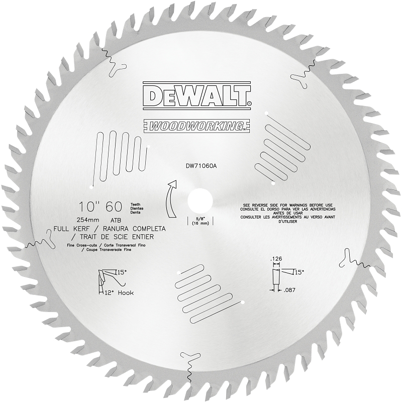 DEWALT DW71060A Circular Saw Blade, 10 in Dia, 5/8 in Arbor, 60-Teeth, Carbide Cutting Edge