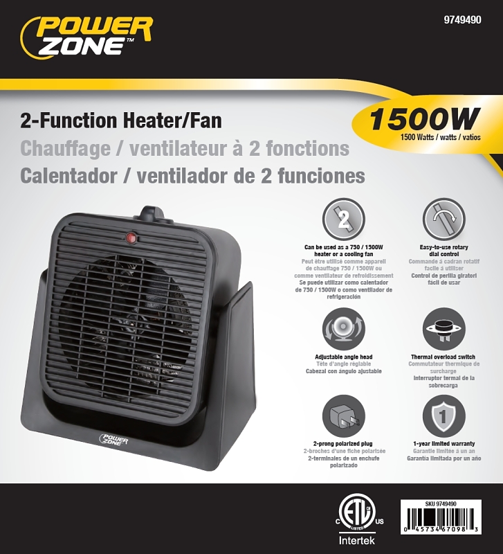 PowerZone SFH-181T 2-Function Heater/Fan, 12.5 A, 120 V, 750/1500 W, 1500 W Heating, Black