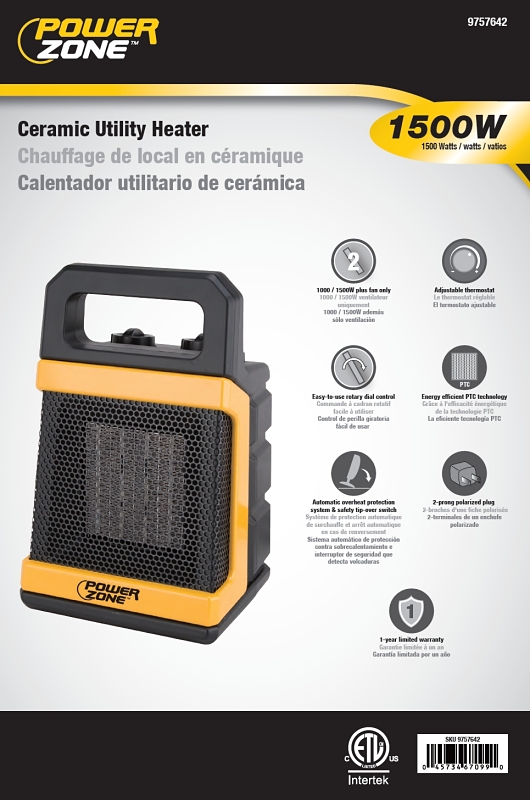 PowerZone UH-03 Ceramic Utility Heater, 1000/1500W, Black & Yellow