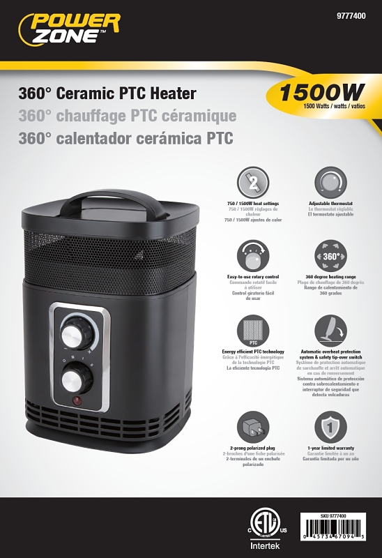 PowerZone PTC-156 360 deg Ceramic PTC Heater, 12.5 A, 120 V, 750/1500 W, 1500 W Heating, Black