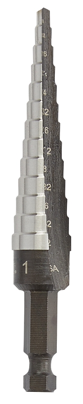 Irwin Unibit 10231 Step Drill Bit, 1/8 to 1/2 in Dia, 1-Flute, 1/4 in Dia Shank, Hex Shank