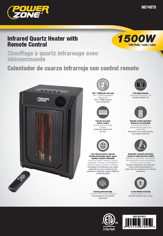 PowerZone HT1195 Infrared Quartz Heater with Remote Control, 12.5 A, 120 V, 750/1500 W, 5118.2 Btu, Black