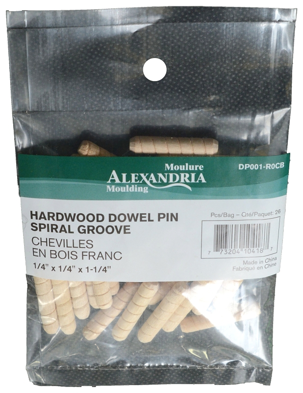 ALEXANDRIA Moulding DP001-R0CB Spiral Groove Dowel Pin, 1/4 in Dia, 1-1/4 in L, Wood