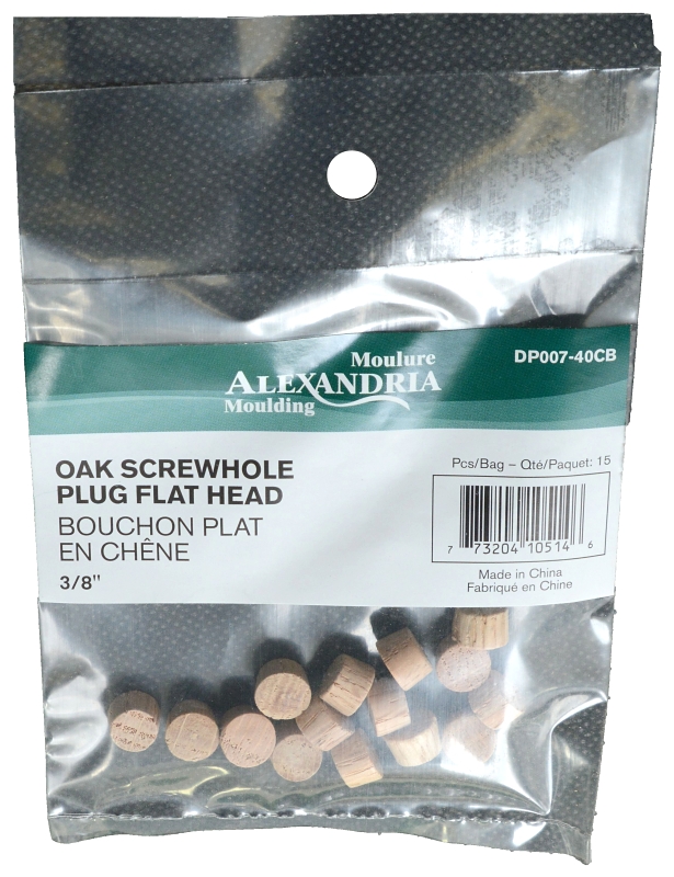 ALEXANDRIA Moulding DP007-40CB Flat Head Screw Hole Plug, 3/8 in Dia, Oak Wood