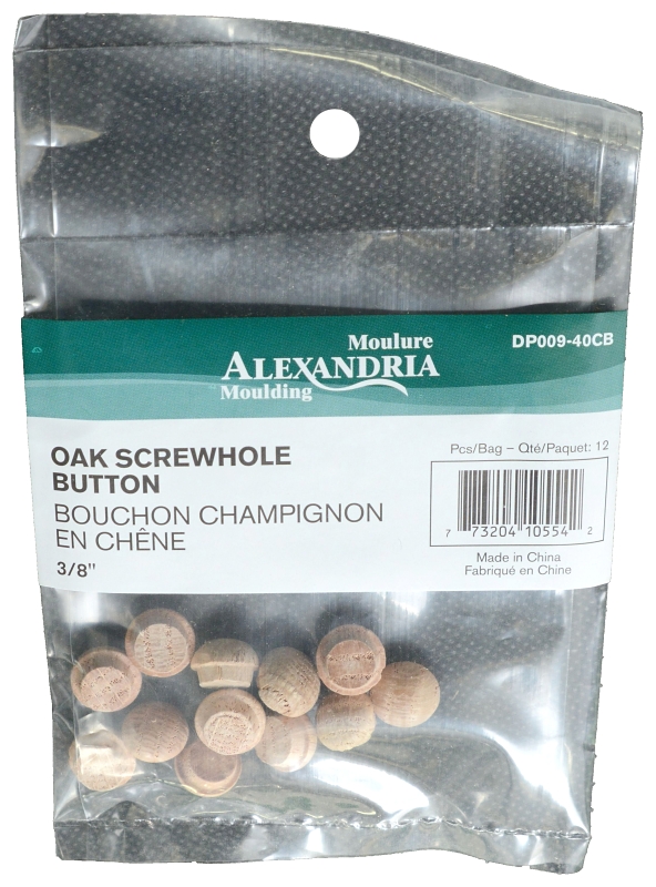 ALEXANDRIA Moulding DP009-40CB Screw Hole Button, 3/8 in Dia, Oak Wood, Round Head