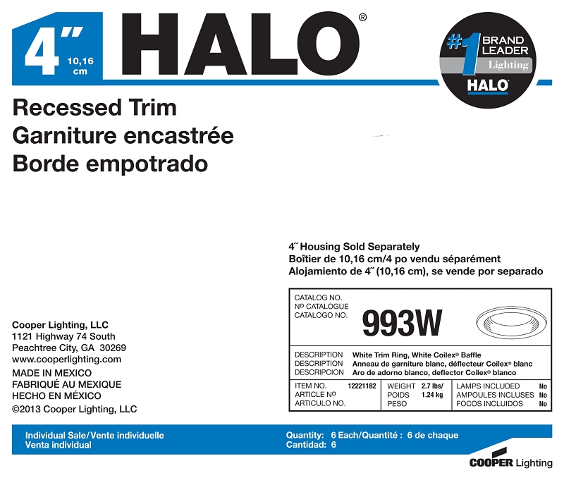 Halo Coilex 993W Baffle Trim Ring, Aluminum Body, White