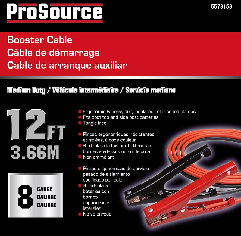 ProSource 081214 Booster Cable, 8 AWG Wire, 4-Conductor, Clamp, Stranded, Red/Black Sheath