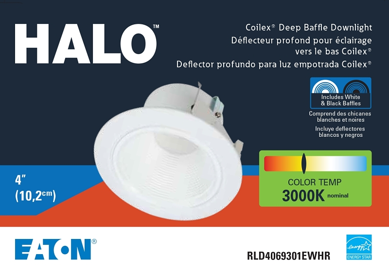 Halo RL4 Series RLD4069301EWHR Baffle Trim, 4 in Dia Recessed Can, Aluminum Body, White, Matte