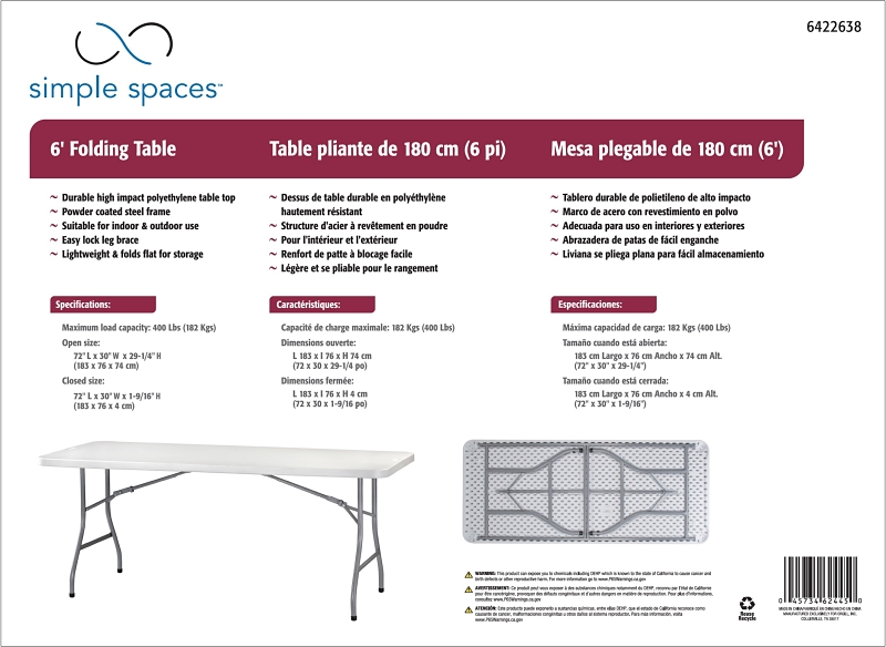 Simple Spaces TBL-040 Banquet Table, 6 ft OAW, 30 in OAD, 29-1/4 in OAH, Steel Frame, Polyethylene Tabletop