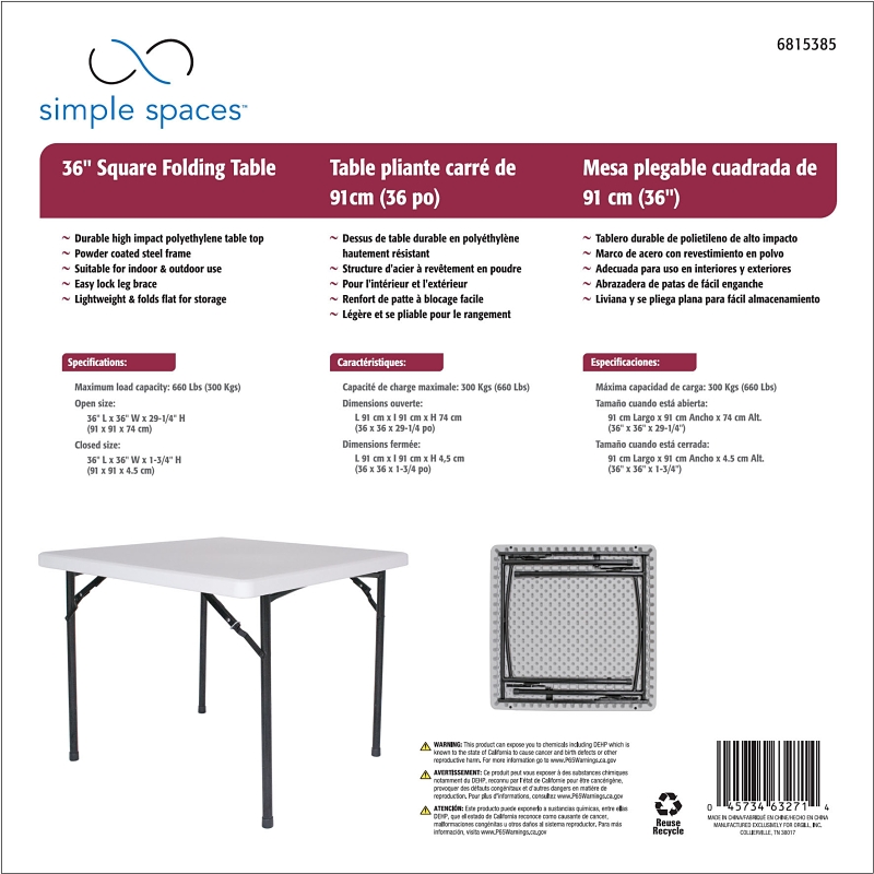 Simple Spaces BT036X001A Folding Table, 36 in OAW, 36 in OAD, 29-1/4 in OAH, Steel Frame, Polyethylene Tabletop